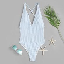 Romwe Striped Criss Cross Backless One Piece Swimsuit