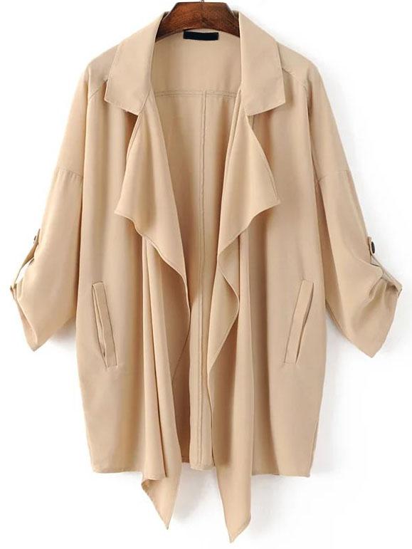 Romwe Khaki Draped Neck Drop Shoulder Coat With Pockets