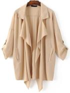 Romwe Khaki Draped Neck Drop Shoulder Coat With Pockets