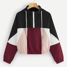 Romwe Colorblock Drawstring Drop Shoulder Hooded Jacket