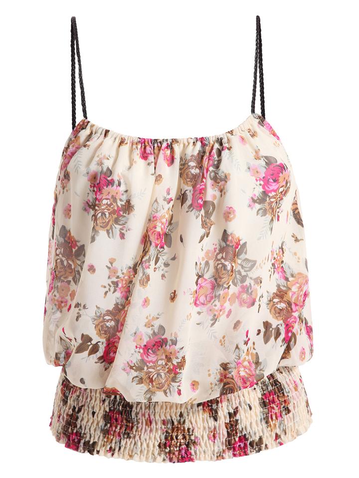 Romwe Spaghetti Strap Rose Print Chiffon Cami Top