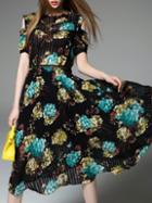 Romwe Black Open Shoulder Pleated Print Dress