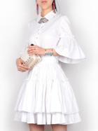 Romwe White Lapel Bell Sleeve Flounce Dress