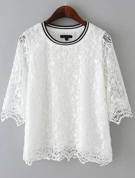 Romwe White Round Neck Hollow Lace Blouse