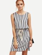 Romwe Black Striped Drawstring Waist Dress