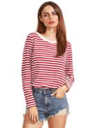 Romwe Burgundy Striped Long Sleeve T-shirt
