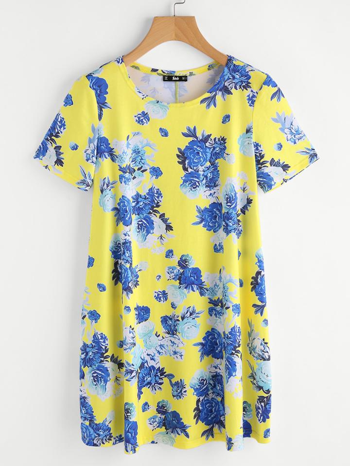 Romwe Flower Print Swing Tee Dress