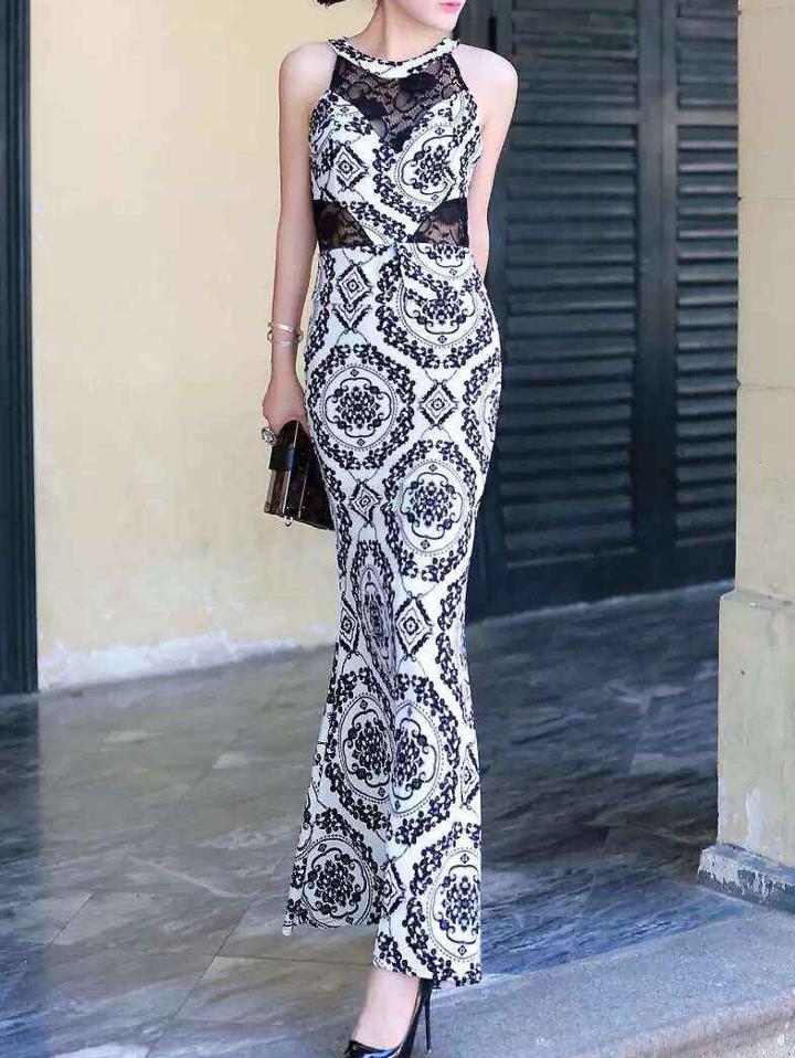 Romwe Lace Insert Flower Print Maxi White Dress