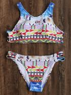 Romwe Multicolor Beach Print Ladder Cutout Bikini Set