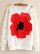 Romwe White Hollow Long Sleeve Floral Sweatshirt