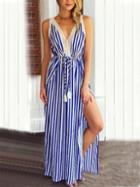 Romwe Blue White Vertical Stripe Crochet Trim Sleeveless Slit Dress