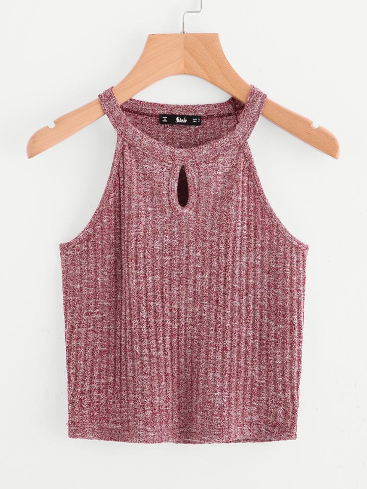 Romwe Marled Knit Keyhole Front Ribbed Halter Top