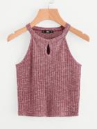 Romwe Marled Knit Keyhole Front Ribbed Halter Top
