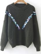 Romwe Army Green Sequin Detail Drop Shoulder Sweater