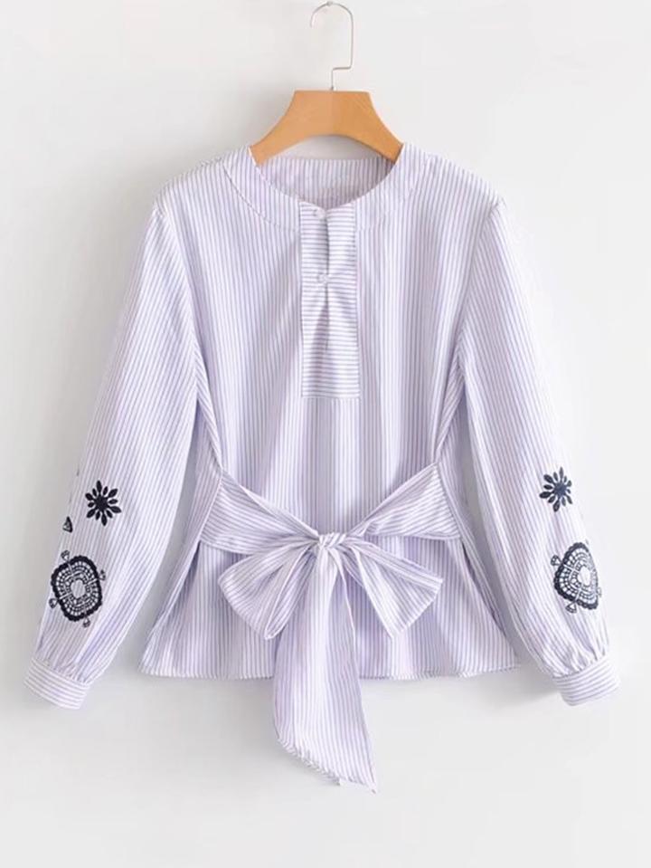 Romwe Embroidered Sleeve Self Tie Striped Blouse