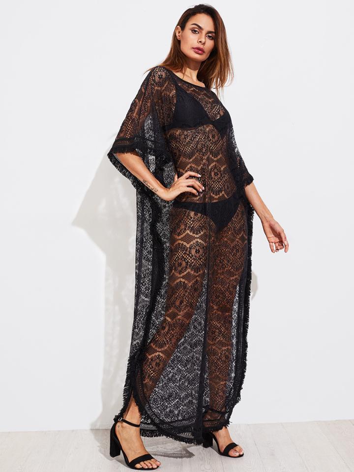 Romwe Fringe Trim Lace Poncho Dress