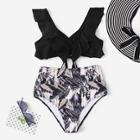 Romwe Ruffle Top With Random Leaf Print Bikini Set