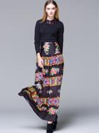 Romwe Black Round Neck Long Sleeve Beading Print Dress