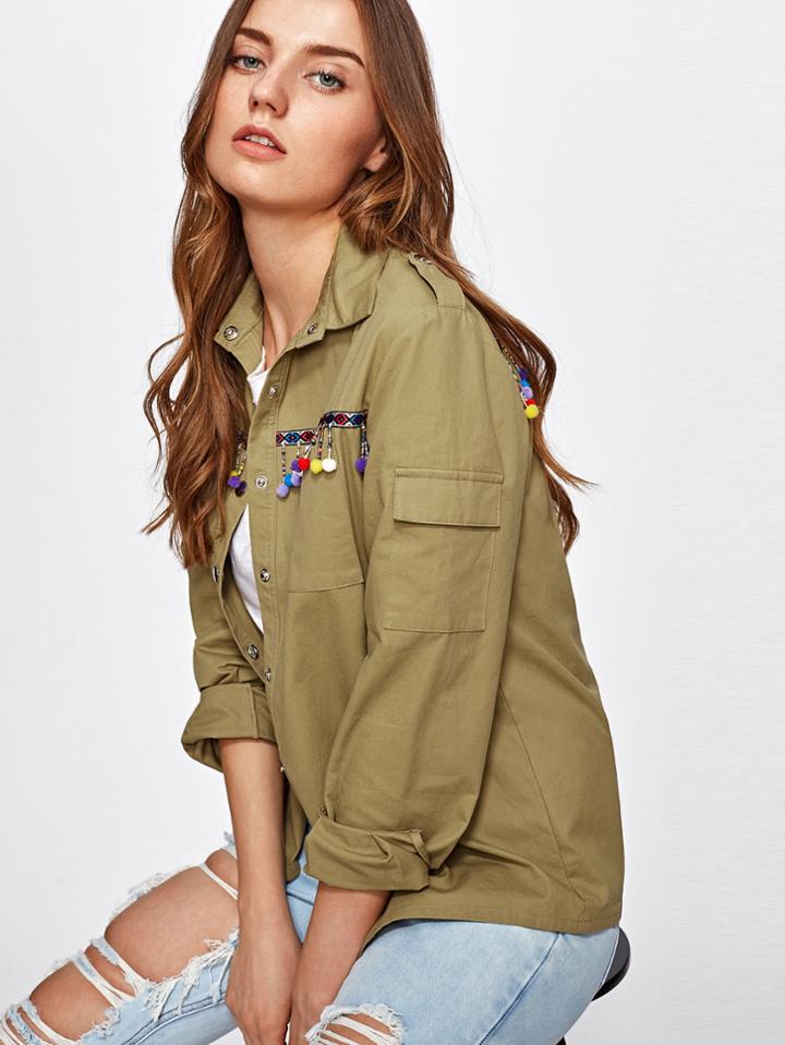 Romwe Pom Pom Fringe And Embroidered Tape Detail Shirt Jacket