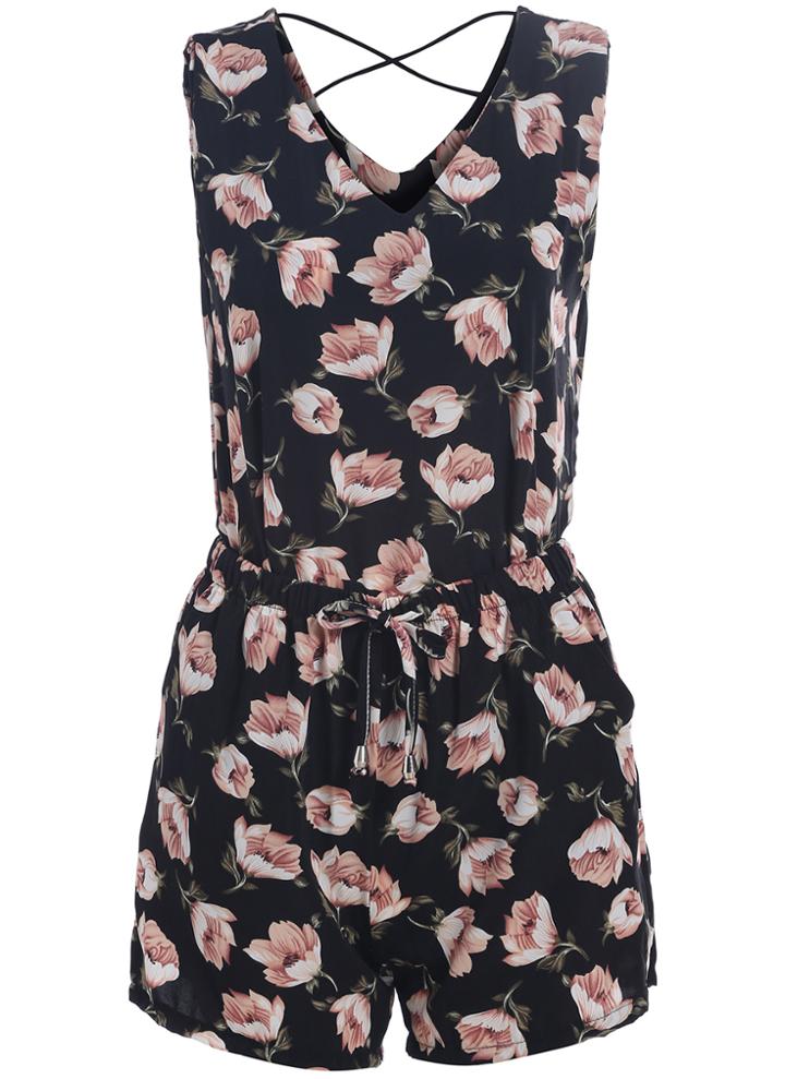 Romwe V Neck Flower Print Tank Top With Drawstring Shorts