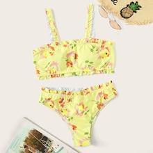 Romwe Floral Frill Trim Bikini Set
