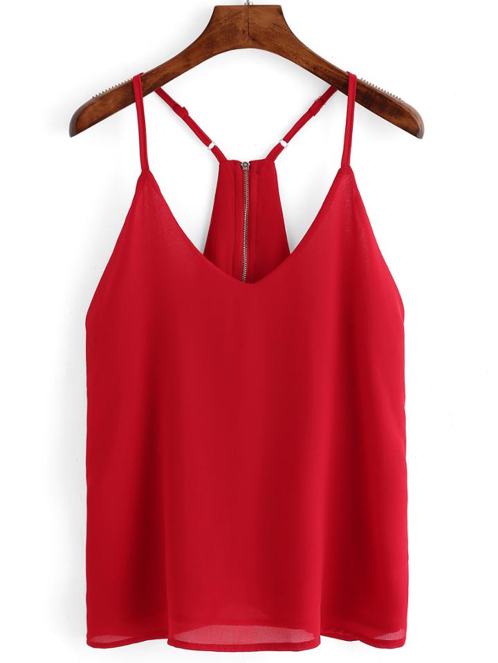 Romwe Spaghetti Strap Chiffon Zipper Cami Top