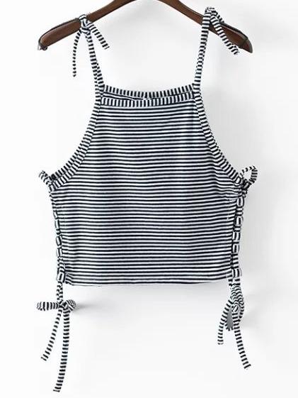 Romwe Black And White Striped Tied Detail Cami Top