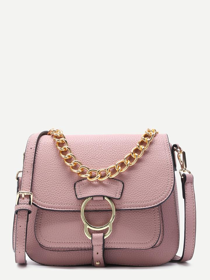 Romwe Pink Pebbled Pu Flap Crossbody Bag With Chain Strap