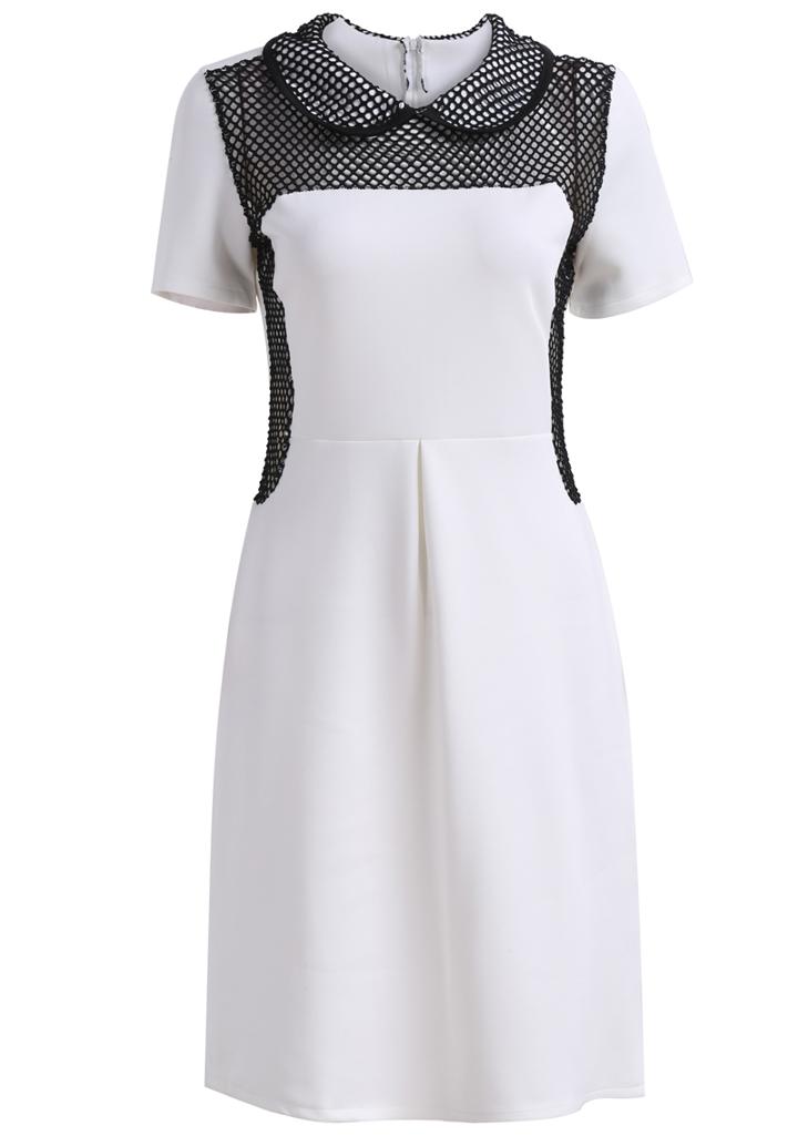 Romwe Contrast Collar Short Sleeve Pleated Dress