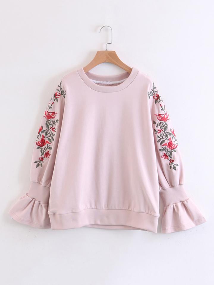 Romwe Speaker Sleeves Floral Embroidered Sweatshirt