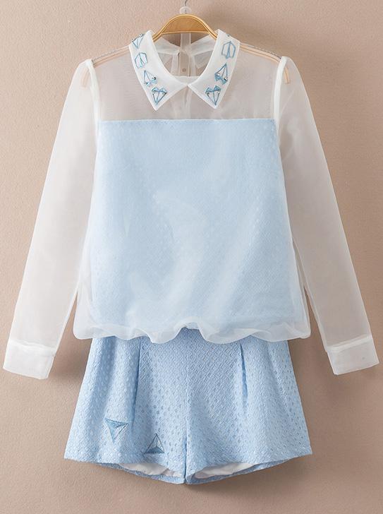 Romwe Blue Long Sleeve Sheer Lace Top With Shorts