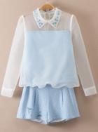 Romwe Blue Long Sleeve Sheer Lace Top With Shorts