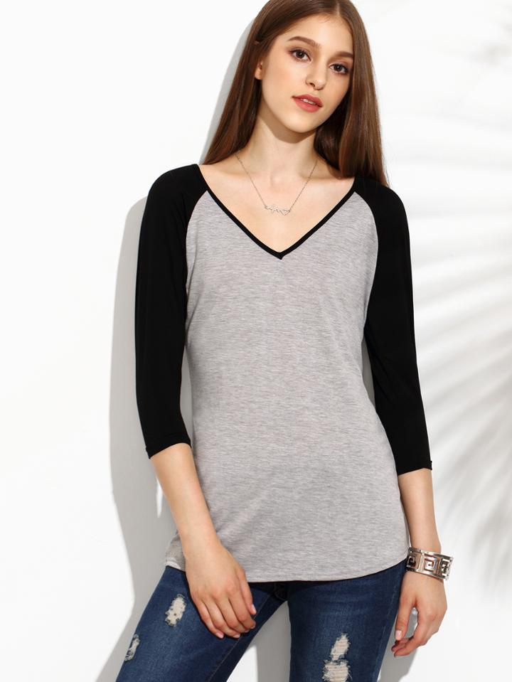 Romwe Heather Grey Contrast Raglan Sleeve T-shirt