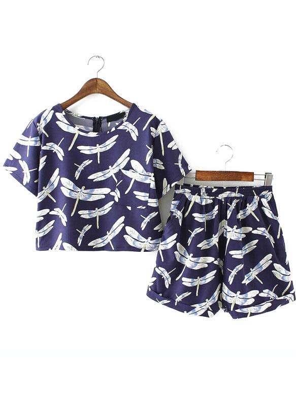 Romwe Back Zipper Dragonfly Print Top With Elastic Waist Shorts