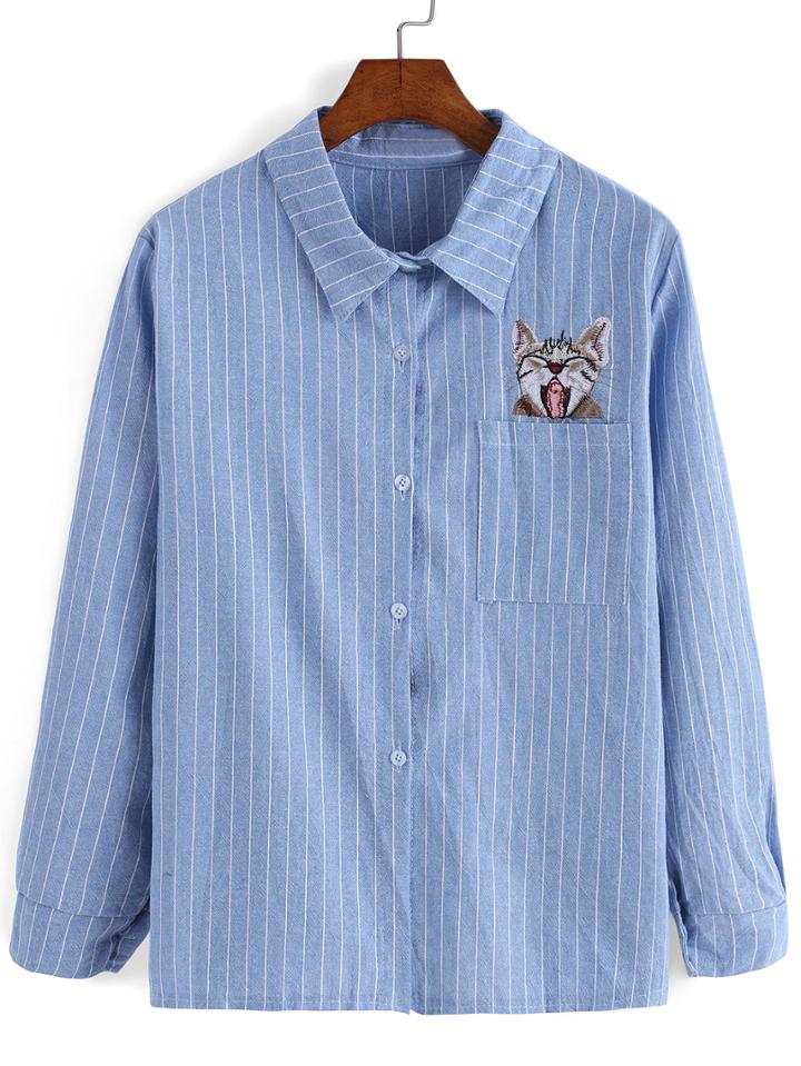 Romwe Lapel Vertical Striped Cat Embroidered Blue Blouse