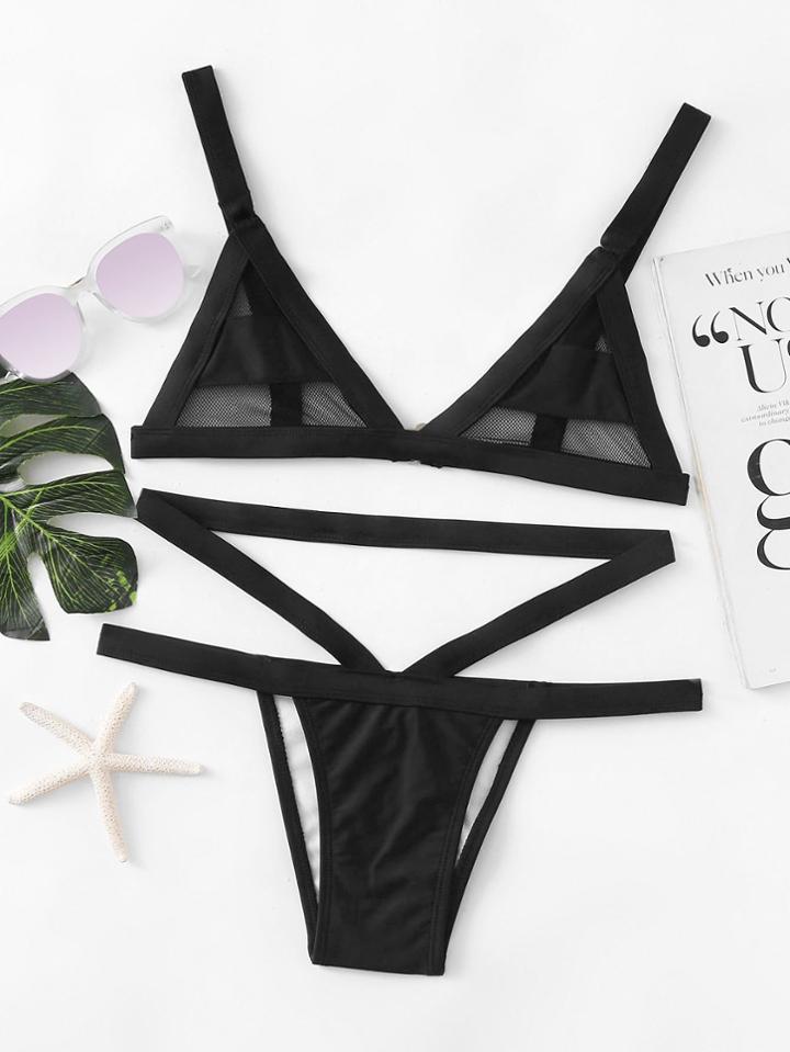Romwe High Leg Mesh Bikini Set