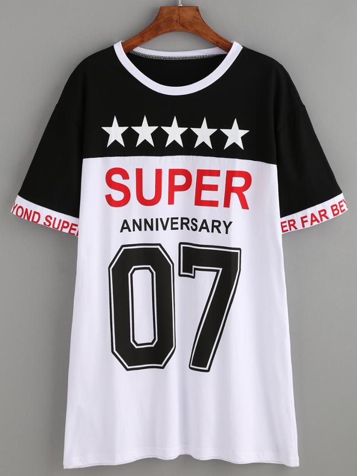 Romwe Contrast Varsity Print Tee Dress