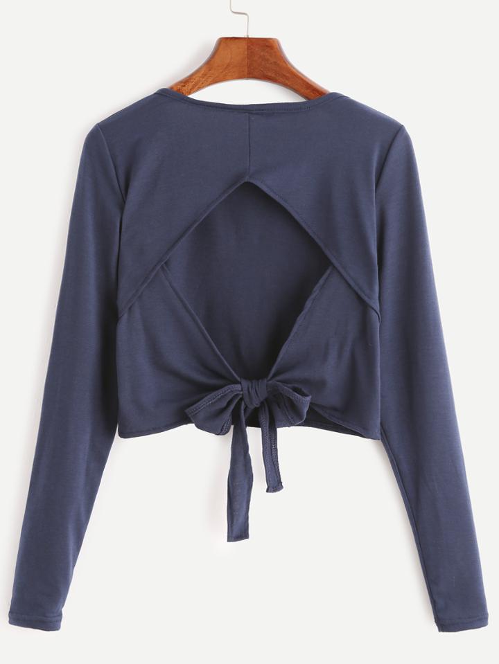 Romwe Navy Cutout Back Self Tie Crop T-shirt
