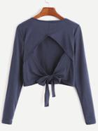 Romwe Navy Cutout Back Self Tie Crop T-shirt