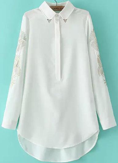 Romwe Embroidered Dipped Hem White Blouse