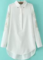 Romwe Embroidered Dipped Hem White Blouse