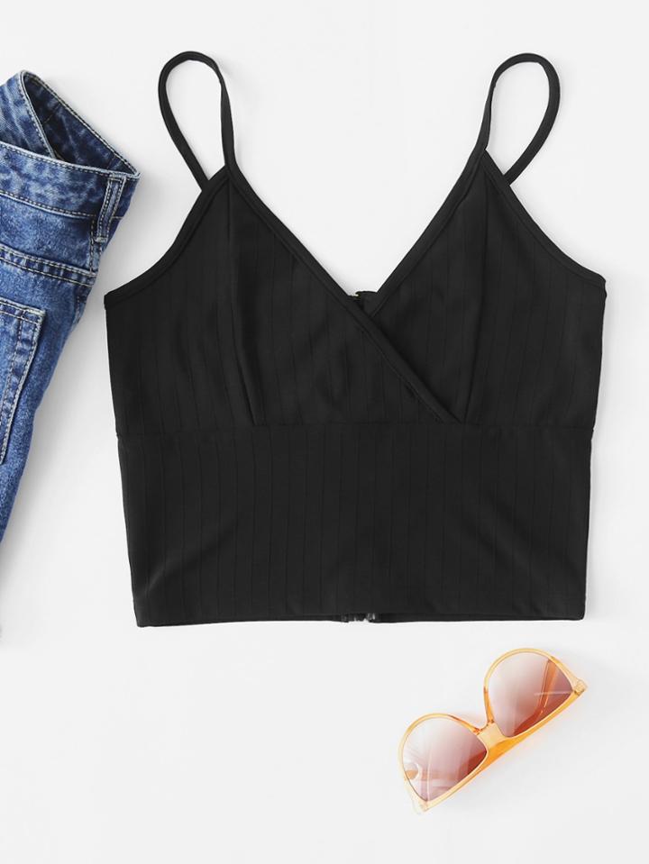 Romwe Zip Back Surplice Crop Cami Top