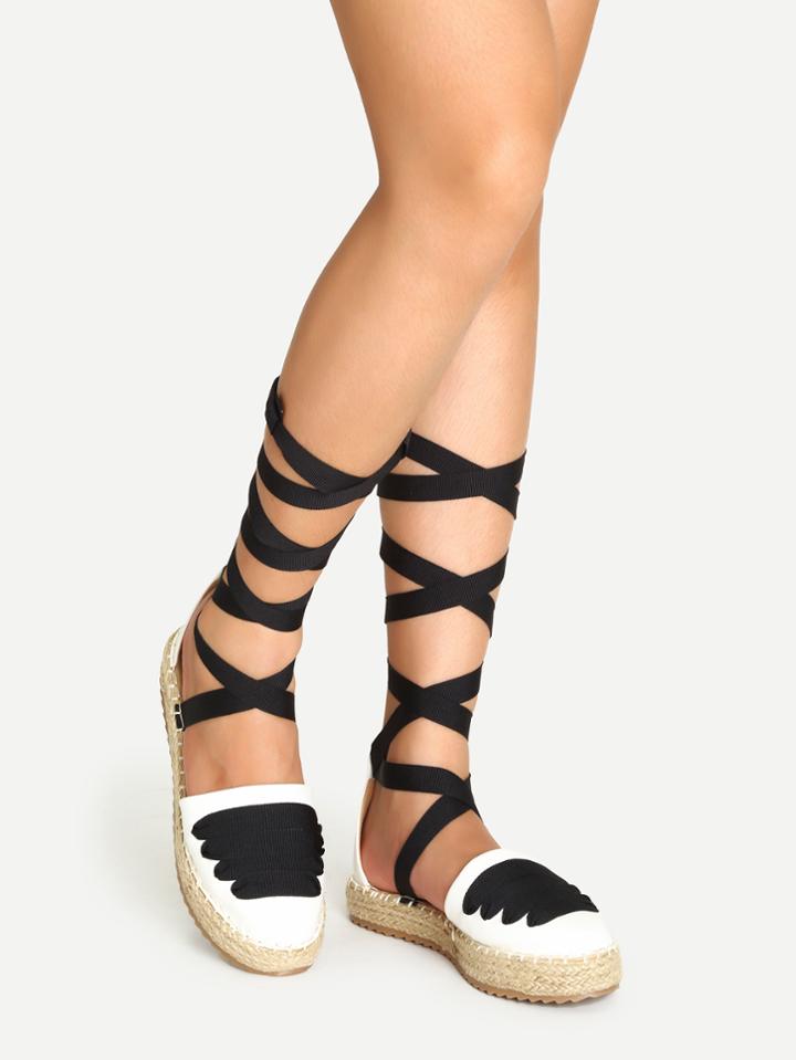 Romwe White Lace Up Faux Leather Espadrille Sandals