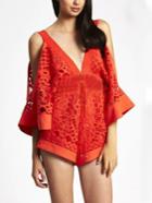 Romwe Red Deep-v Laser Cut Open Shoulder Romper
