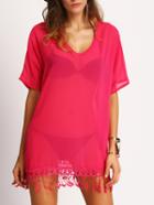 Romwe Hot Pink V Neck Fringe Sheer Dress