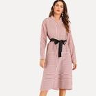 Romwe Tie Waist Stripe Shirt Dress