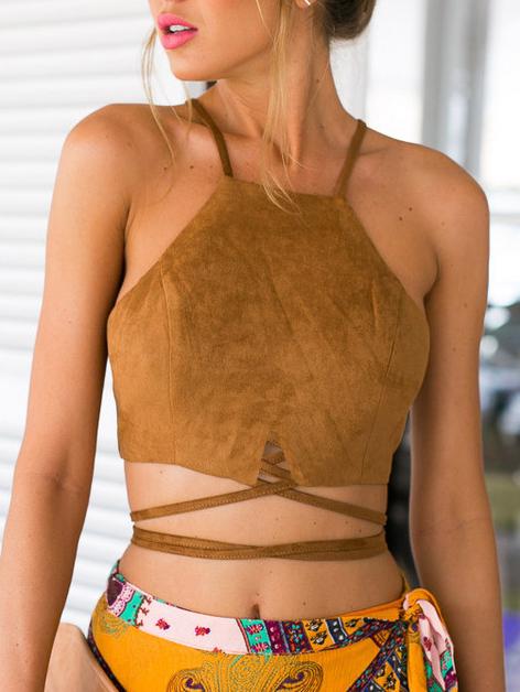 Romwe Brown Lace-up Strappy Square-neck Cami