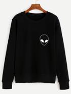 Romwe Black Alien Print Long Sleeve Sweatshirt