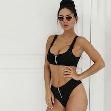 Romwe Joyfunear Zip Font Tank With High Cut Bikini