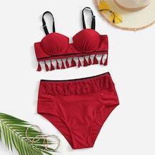 Romwe Tassel Hem Top & High Waist Bikini Set